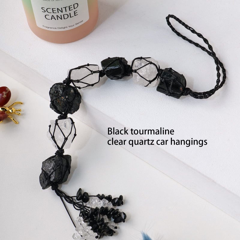 Runyangshi Natural Crystal Black Tourmaline&Clear Quartz Rough Stone Hanging Ornament with Chip Stones Tassels Reiki Healing Meditation Energy Balance Yoga Home Decor Gift - Image 4